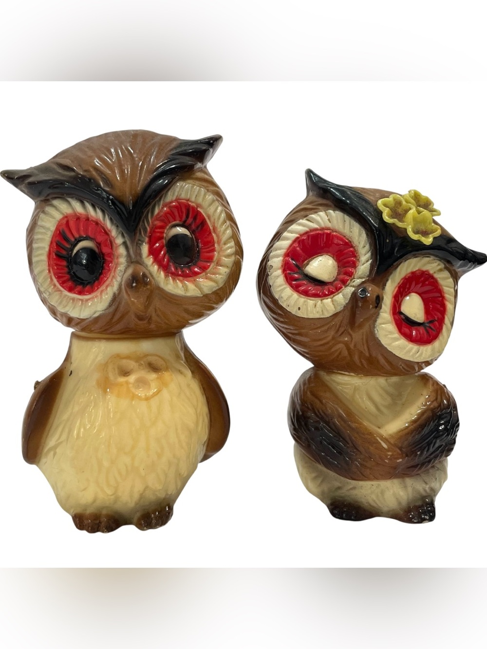 Vintage 1950s Anthropomorphic Resin Owl Salt and Pepper Shakers - Rustic Kitschy